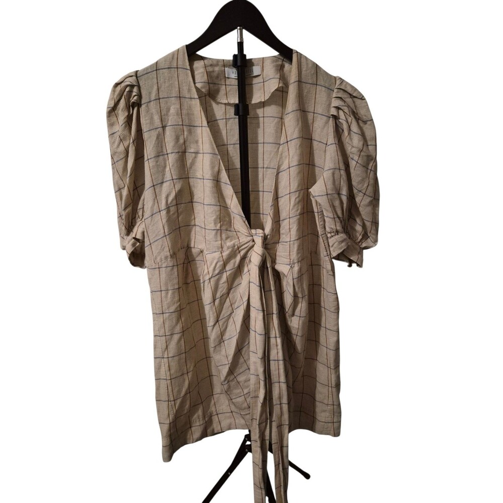 Hunter Bell Mini Plaid Dress M Linen Blend Wrap Puff Sleeve Neutral Preppy